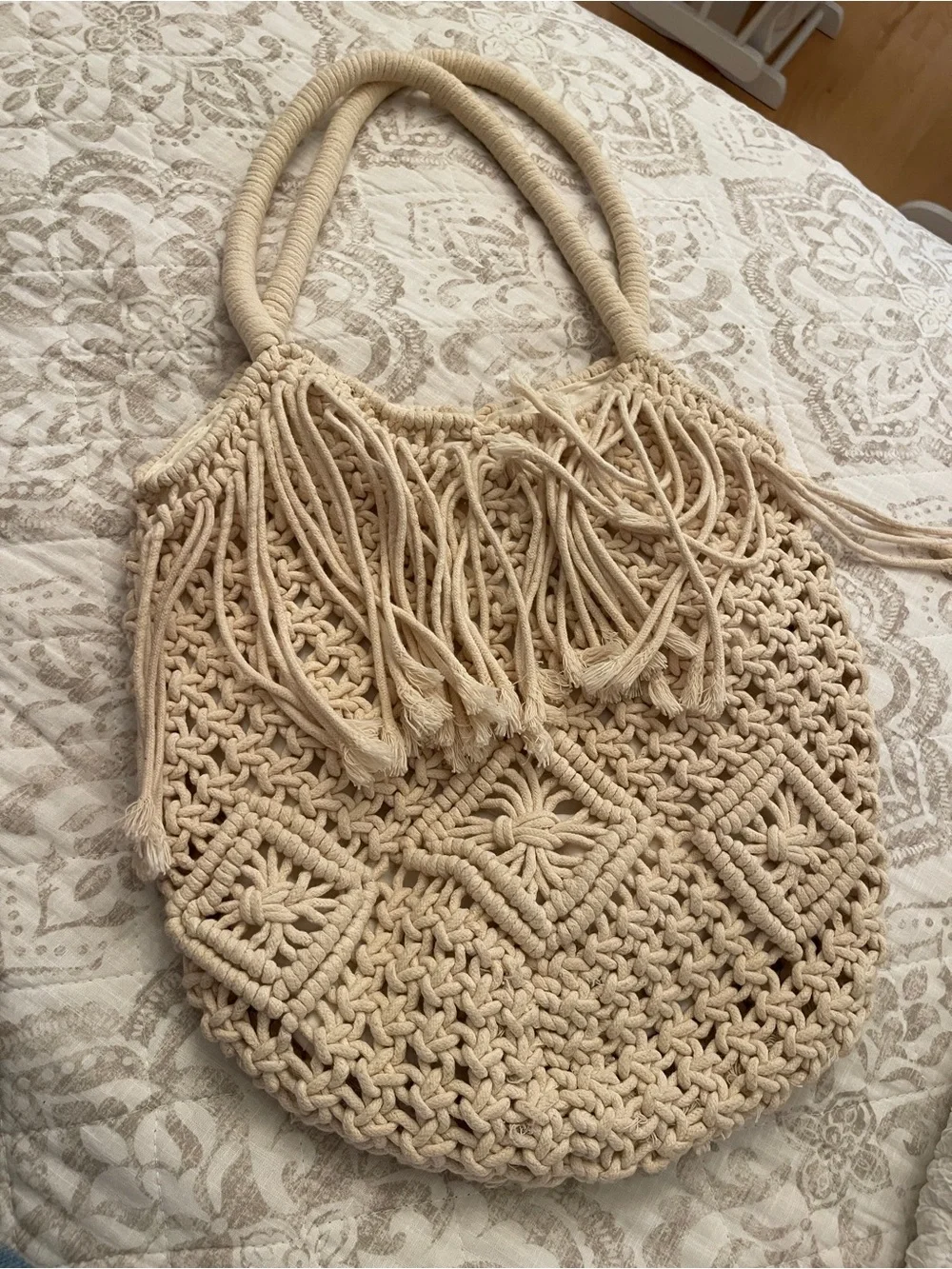Boho Macramé Fringe Tote Bag in Cream